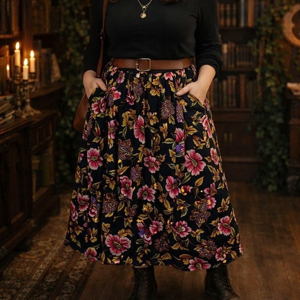 Vintage 90s Floral‎ Rayon Midi Skirt Black Pink Gold Pockets Cottagecore Medium